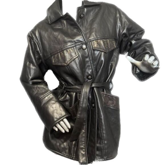 Vintage Black/Brown Leather Tie-Waist Coat - Picture 2 of 9